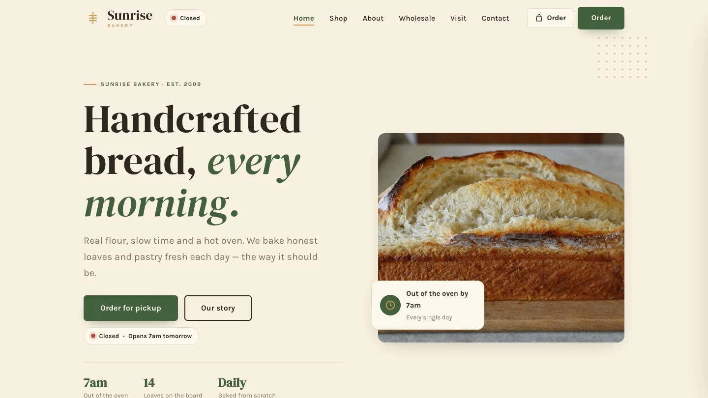 Sunrise Bakery's new pebblesites homepage — clean, warm and mobile-first