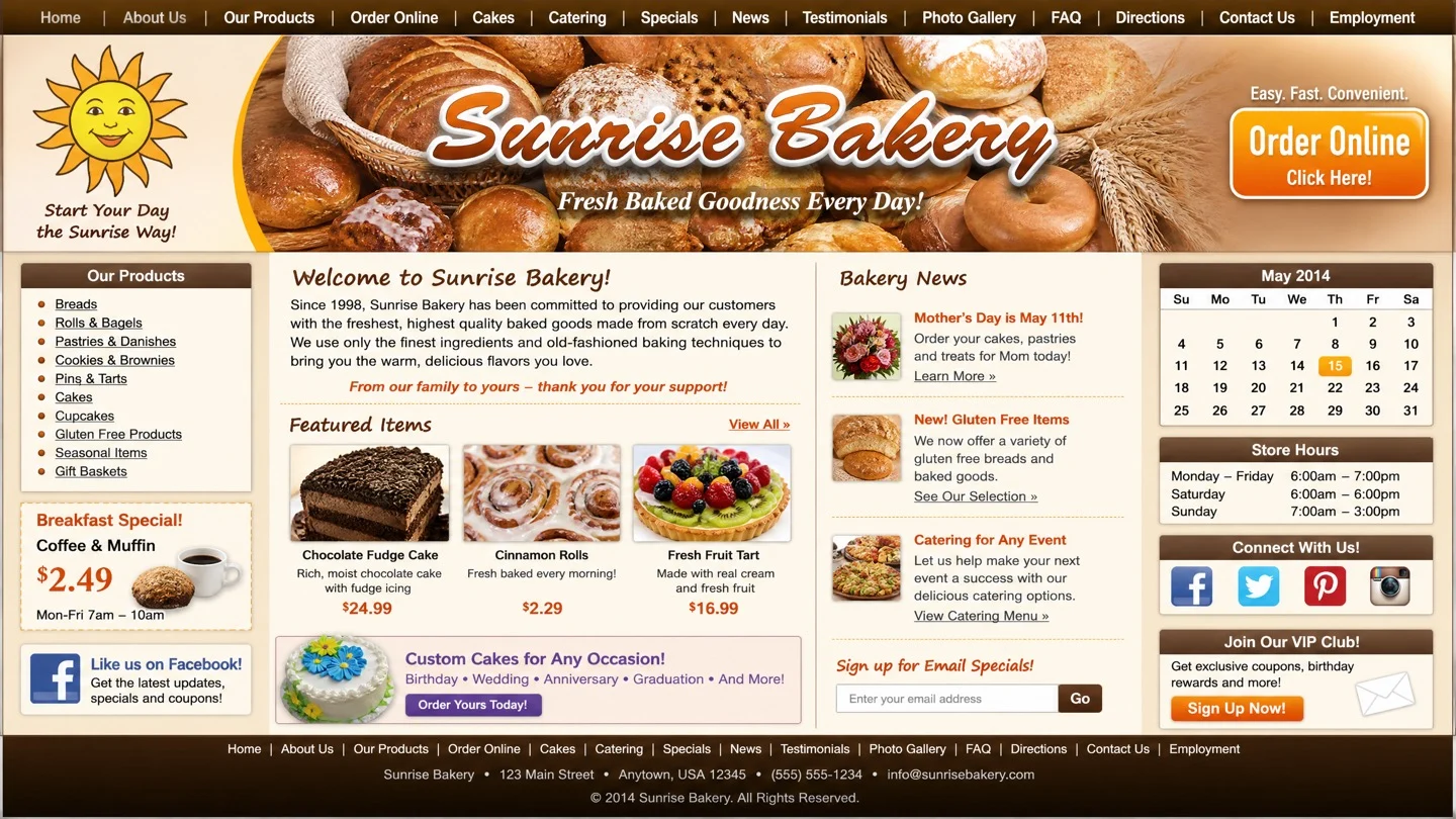Sunrise Bakery's old website before the rebuild — cluttered and dated